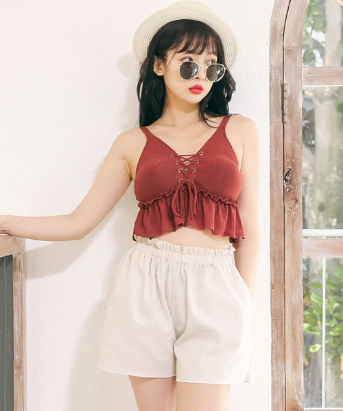 Dita（ディータ）の「【3点セット】ショートパンツ付き編み上げフリルトップスビキニセット【RT】（水着・レディース・ブラック/テラコッタ/カーキ・M/L/XL）」の12枚目の写真