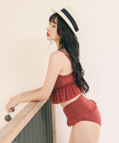 Dita（ディータ）の「【3点セット】ショートパンツ付き編み上げフリルトップスビキニセット【RT】（水着・レディース・ブラック/テラコッタ/カーキ・M/L/XL）」の10枚目の写真