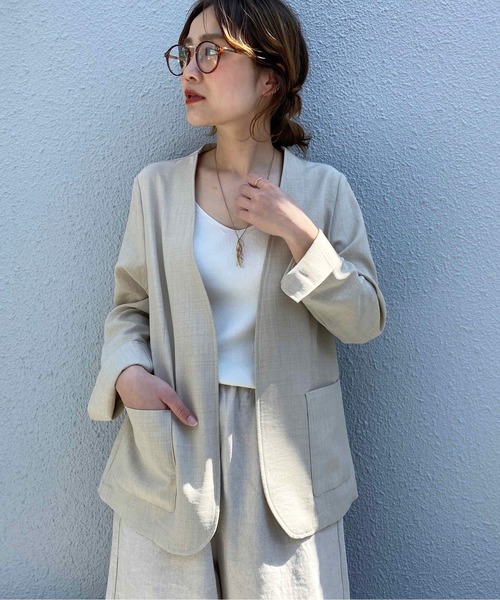 PICCIN（ピッチン）の「リネンライクカラーレスジャケット（ノーカラージャケット・レディース・ベージュ/ネイビー/オレンジ/モカ・M）」の3枚目の写真