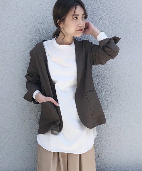 PICCIN（ピッチン）の「リネンライクカラーレスジャケット（ノーカラージャケット・レディース・ベージュ/ネイビー/オレンジ/モカ・M）」の2枚目の写真