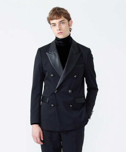 Education from Youngmachines（エデュケーションフロムヤングマシーン）の「【Education from Youngmachines】シンセティックレザースイッチ ピークドダブルジャケット（テーラードジャケット・メンズ・ブラック/グリーン・M/S/L）」の2枚目の写真