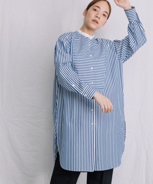 Liyoca Liyoca リヨカ のシャツ ブラウス トップス ストライプロングシャツ ストライプロングシャツ 手洗い可 シャツ