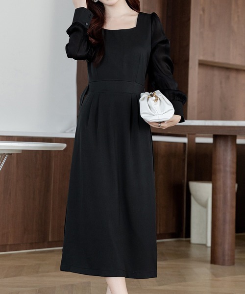 セール】レディース シースルーボリューム袖のバックリボンワンピース