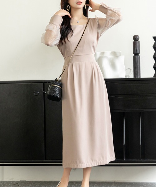 セール】レディース シースルーボリューム袖のバックリボンワンピース