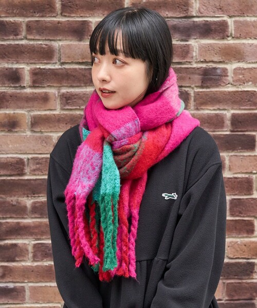 FREAK'S STORE（フリークスストア）の「ボリュームチェックフリンジマフラー（マフラー・レディース・ピンク/オレンジ・ONE SIZE）」の4枚目の写真