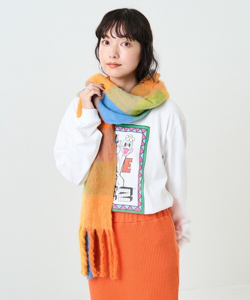 FREAK'S STORE（フリークスストア）の「ボリュームチェックフリンジマフラー（マフラー・レディース・ピンク/オレンジ・ONE SIZE）」の10枚目の写真