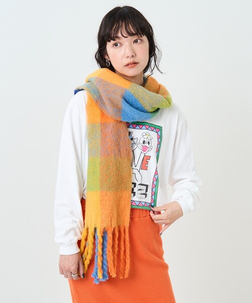 FREAK'S STORE（フリークスストア）の「ボリュームチェックフリンジマフラー（マフラー・レディース・ピンク/オレンジ・ONE SIZE）」の11枚目の写真