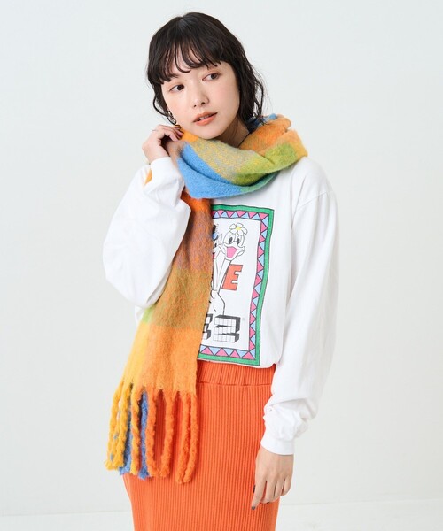 FREAK'S STORE（フリークスストア）の「ボリュームチェックフリンジマフラー（マフラー・レディース・ピンク/オレンジ・ONE SIZE）」の14枚目の写真