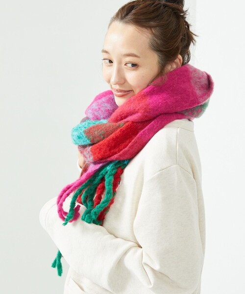 FREAK'S STORE（フリークスストア）の「ボリュームチェックフリンジマフラー（マフラー・レディース・ピンク/オレンジ・ONE SIZE）」の12枚目の写真