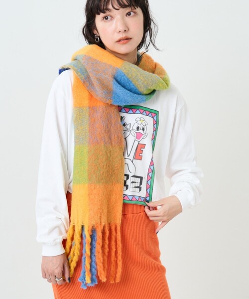 FREAK'S STORE（フリークスストア）の「ボリュームチェックフリンジマフラー（マフラー・レディース・ピンク/オレンジ・ONE SIZE）」の15枚目の写真