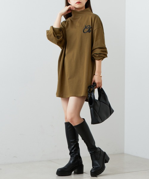 【新品】定価28,600円　刺繍長袖ハイネックカットソー　ブラウン系　13号 カットソー タートルネック 長袖 レディース ハイネック 日本製