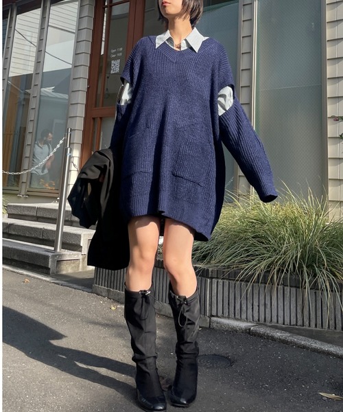 SEN TOKYO(セントーキョー)の「大人のカジュアルこなれ感。ルーズオープンスリーブVネックニット(ニット/セーター・レディース・ブラウン/ネイビー・FREE)」の4枚目の写真