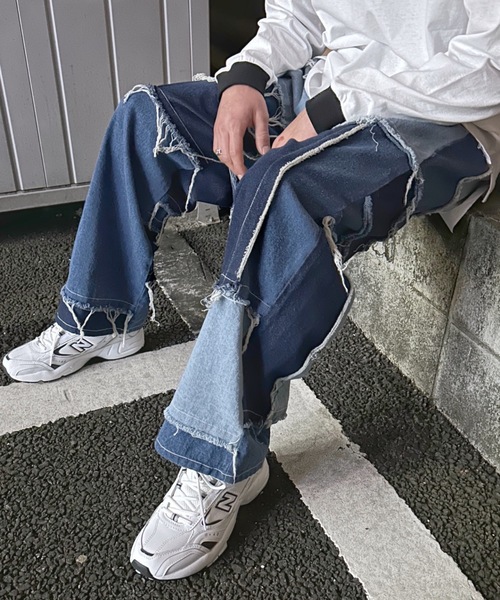 デニム リメイク パネル ヴィンテージリメイク風 クレイジーパネル配色・ボーダー切替 デニム