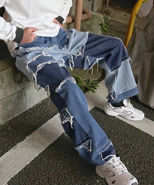 ヴィンテージリメイク風 クレイジーパネル配色・ボーダー切替 デニム