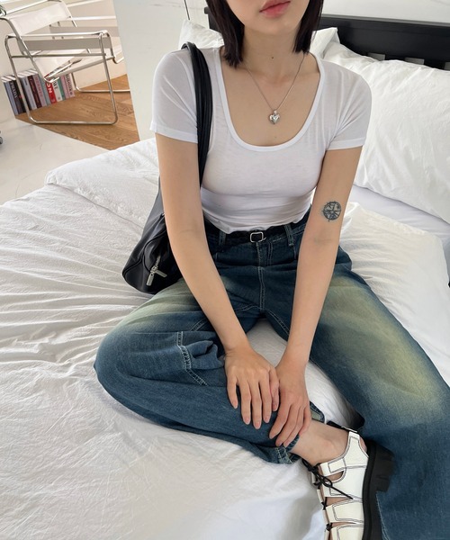by muni:r(バイ ムニール)の「デイリークロップド半袖Tシャツ(Tシャツ/カットソー・レディース・ネイビー/ピンク/ホワイト/ブラック/ブルー・FREE)」の16枚目の写真