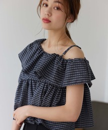 アシンメトリースリーブチェックブラウス