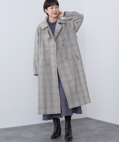 ステンカラーコート BEAMS HEART / チェック柄 ビッグ ダブルコート