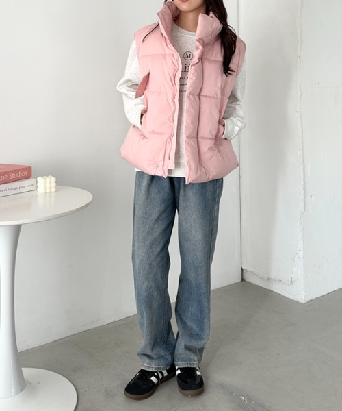 セール】スタンドカラーフェイクダウン/中綿オーバーサイズベスト