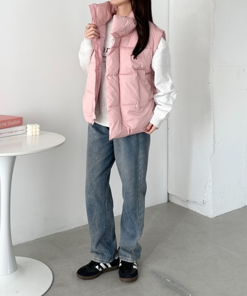 セール】スタンドカラーフェイクダウン/中綿オーバーサイズベスト