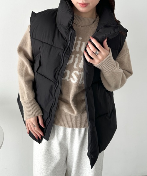 セール】スタンドカラーフェイクダウン/中綿オーバーサイズベスト