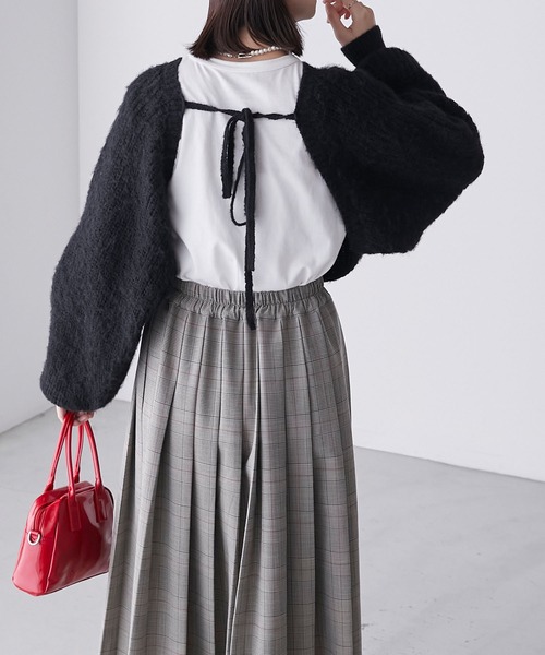 片畦編みマルチウェイフロントリボンニットボレロ（カーディガン