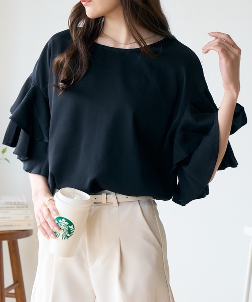 Eclat one（エクラワン）の「ティアードフリルスリーブブラウス（シャツ/ブラウス・レディース・ブラック/ベージュ/ネイビー/ホワイト/グリーン・FREE）」の17枚目の写真
