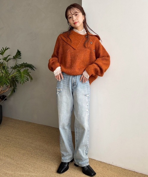 LOWRYS FARM（ローリーズファーム）の「アシメカタボタンネップＬＳ  968918（ニット/セーター・レディース・ベージュ/グレー/オレンジ/アイボリー・FREE）」の7枚目の写真