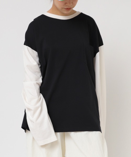 RNA（アールエヌエー）の「M2202 ＲＮＡカラーコンビＢＩＧロンＴ（Tシャツ/カットソー・レディース・グレー/ホワイト×ネイビー/ピンク/スミクロ/ブラウン/ライトブルー・MEDIUM）」の3枚目の写真