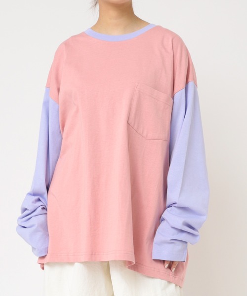 RNA（アールエヌエー）の「M2202 ＲＮＡカラーコンビＢＩＧロンＴ（Tシャツ/カットソー・レディース・グレー/ホワイト×ネイビー/ピンク/スミクロ/ブラウン/ライトブルー・MEDIUM）」の6枚目の写真