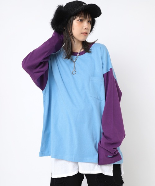 RNA（アールエヌエー）の「M2202 ＲＮＡカラーコンビＢＩＧロンＴ（Tシャツ/カットソー・レディース・グレー/ホワイト×ネイビー/ピンク/スミクロ/ブラウン/ライトブルー・MEDIUM）」の5枚目の写真