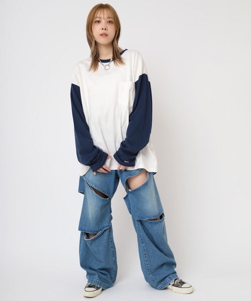 RNA（アールエヌエー）の「M2202 ＲＮＡカラーコンビＢＩＧロンＴ（Tシャツ/カットソー・レディース・グレー/ホワイト×ネイビー/ピンク/スミクロ/ブラウン/ライトブルー・MEDIUM）」の9枚目の写真