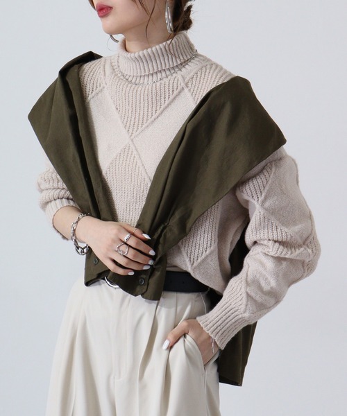 A.N.L(エーエヌエル レーベル)の「A.N.L 格子柄ハイネックニット(ニット/セーター・レディース・アイボリー/エメラルド/ブラック/ベージュ/イエロー・38)」の3枚目の写真