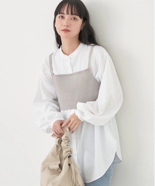 earth music&ecology（アースミュージックアンドエコロジー）の「SET2点ニットビスチェ+ノーカラーシャツ（チュニック・レディース・サックスブルー/オフホワイト/ストライプ・FREE）」の4枚目の写真