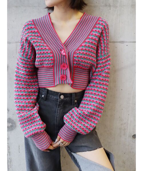 EVRIS(エヴリス)の「ミックスショートニットカーディガン(カーディガン/ボレロ・レディース・ピンク/グリーン/パープル・FREE)」の3枚目の写真