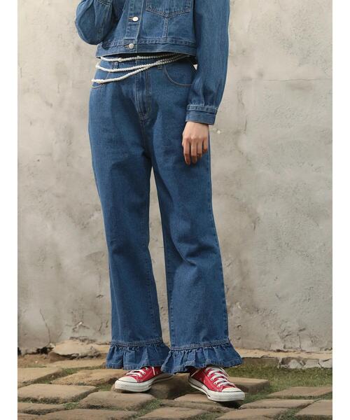 Green　Parks（グリーンパークス）の「・Double　Flags　スソフリルストレートデニム（デニムパンツ・レディース・インディゴブルー・FREE）」の2枚目の写真