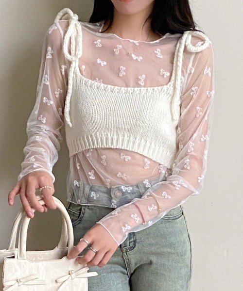 LADY LIKE(レディライク)の「ニットキャミ付きシアートップス2点セット(シャツ/ブラウス・レディース・ホワイト/ブラック・M)」の6枚目の写真