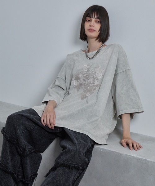 45R■コットンシャツ□グレー□刺繍□シルク□サイズ３ セール】フラワー刺繍オーバーシャツ（シャツ/ブラウス）｜kutir