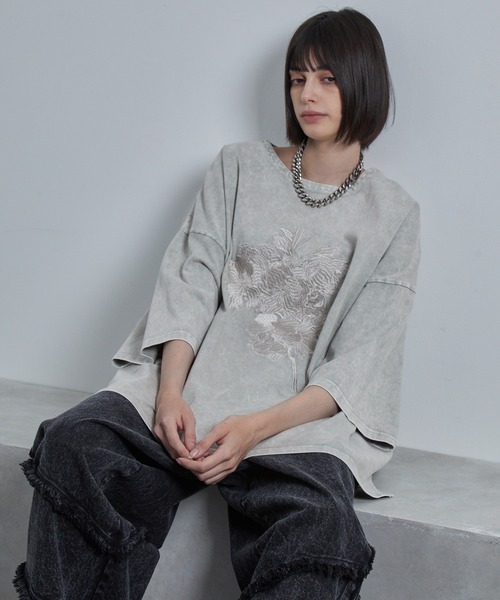cussil/クシル】ピグメントスノーウォッシュ加工フラワー刺繍
