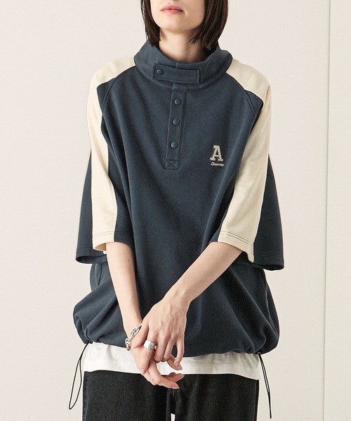 Alfred Alex(アルフレッドアレックス)の「【Alfred Alex】サイドラインハーフボタン半袖プルオーバー スウェT(Tシャツ/カットソー・メンズ・スミクロ/ネイビー/ボルドー/アイボリー・M/L)」の3枚目の写真