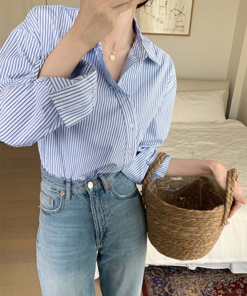 Miniministore(ミニミニストア)の「シャツブラウス 長袖 レディース 韓国風(シャツ/ブラウス・レディース・ブルー/グレー・FREE)」の3枚目の写真