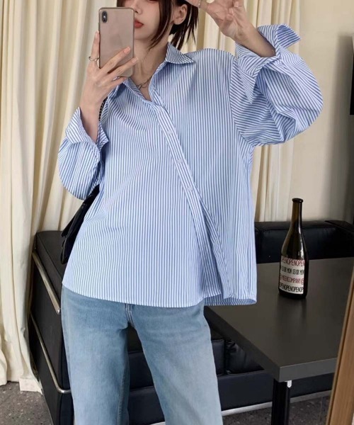 Miniministore(ミニミニストア)の「シャツブラウス 長袖 レディース 韓国風(シャツ/ブラウス・レディース・ブルー/グレー・FREE)」の4枚目の写真