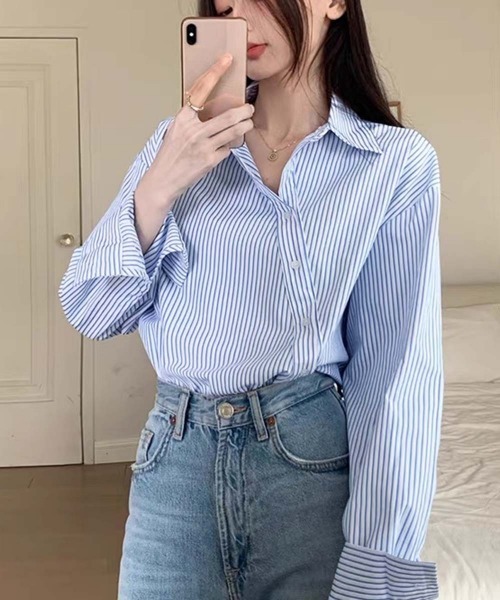 Miniministore(ミニミニストア)の「シャツブラウス 長袖 レディース 韓国風(シャツ/ブラウス・レディース・ブルー/グレー・FREE)」の5枚目の写真