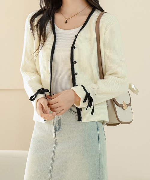 Lace Ladies(レースレディース)の「袖リボン 配色ライン 長袖 ニット カーディガン(カーディガン/ボレロ・レディース・モカ/ブラック/アイボリー/グレー・FREE)」の19枚目の写真