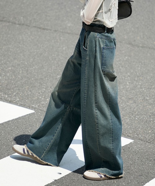 forksy.】リメイク風 サイド切り替え デニムカーブパンツ