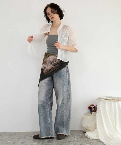 forksy.】リメイク風 サイド切り替え デニムカーブパンツ