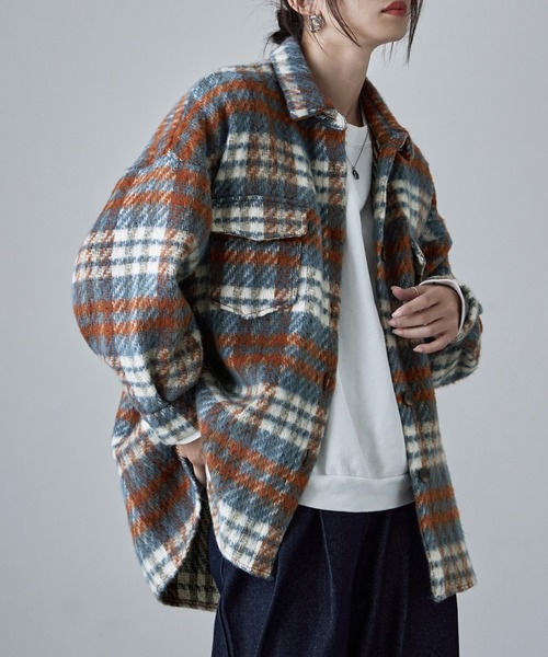 【セール】ウールライクシャギーチェックジャケット（シャツ/ブラウス）｜etoll.（エトル）