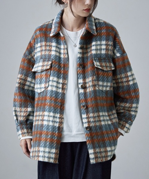 【セール】ウールライクシャギーチェックジャケット（シャツ/ブラウス）｜etoll.（エトル）