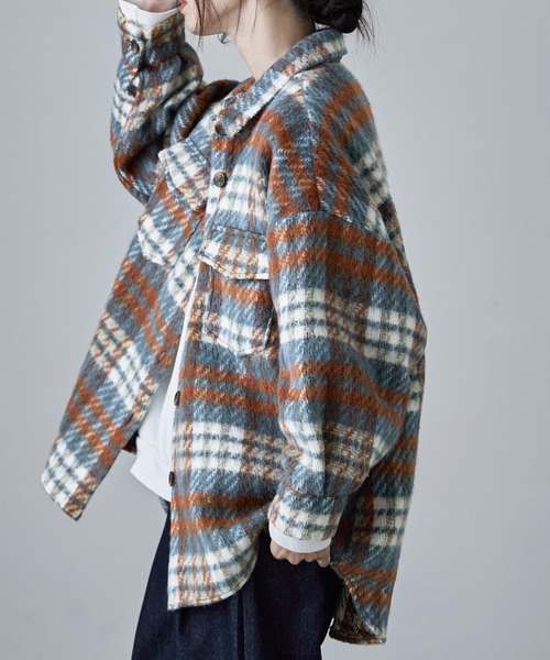 【セール】ウールライクシャギーチェックジャケット（シャツ/ブラウス）｜etoll.（エトル）