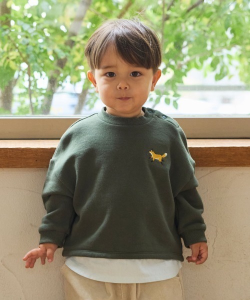【セール】【Hoppetta(ホッペッタ)】きつね刺繍コンビシャツトレーナー 80cm・90cm・100cm(パーカー)|10mois(ディモワ)