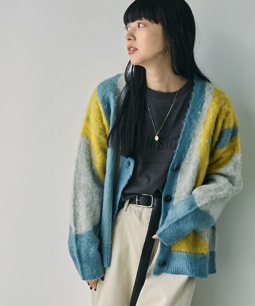 PENNEYS（ぺニーズ）の「PENNEYS（ぺニーズ）別注シャギージャガードVネックカーディガン（ライトブルー）（カーディガン/ボレロ・レディース・ライトブルー・M/L）」の3枚目の写真